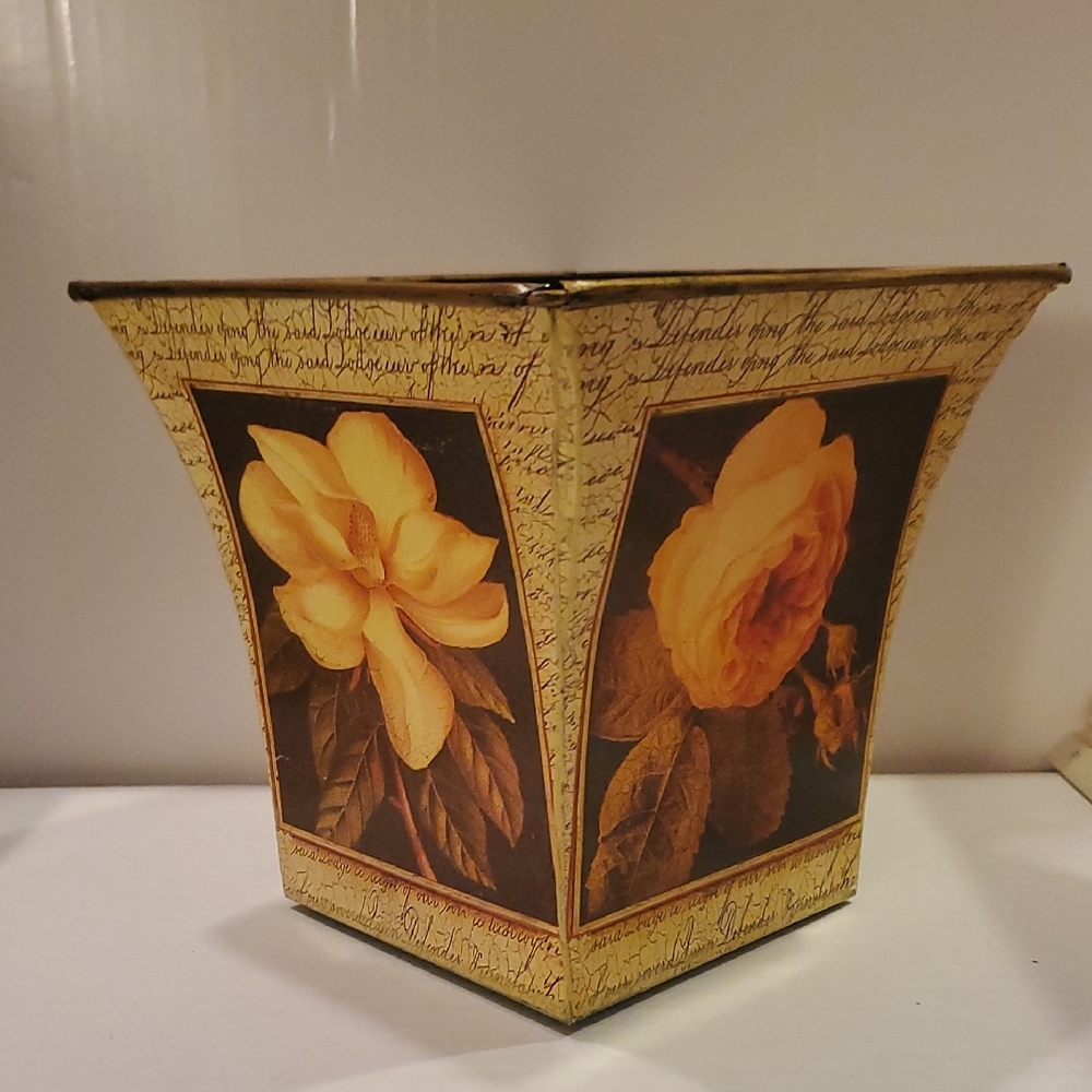 Yellow Roses Script Candle Holder Flower Pot Container Floral